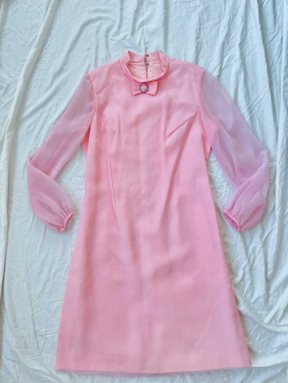 Vintage 1960s Ballet Pink Chiffon Bow Dress L - Picture 14 of 14